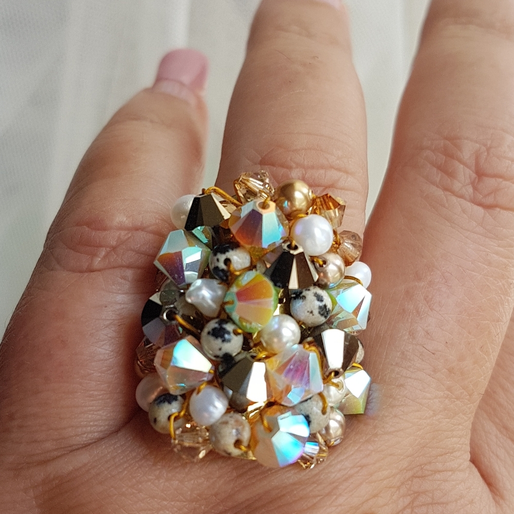 Swarovski Elements Large Dark Brown & Dalmatian Beads Cluster Statement Ring NWT - Picture 5 of 13